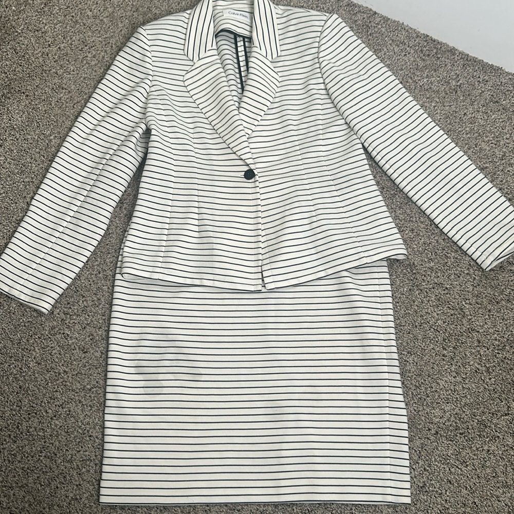 Calvin Klein White and Black Striped Two-Piece Skirt Set